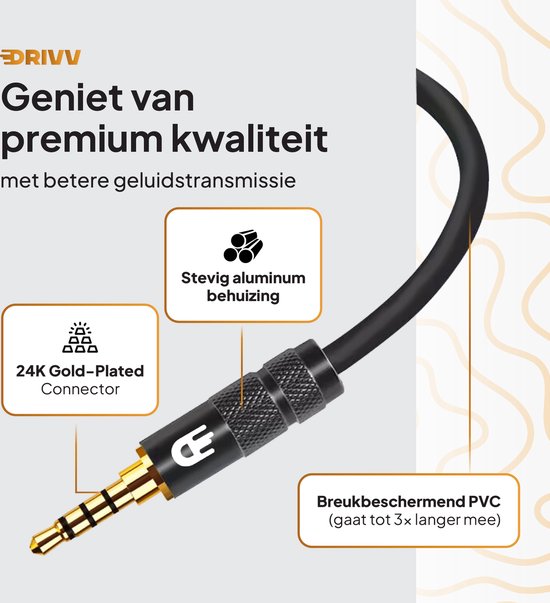 Drivv. AUX Cable 3.5 mm - Jack to Jack - 4-pole Audio Cable - Gold Plated - Male to Male - PVC - Black - 1.5 metres