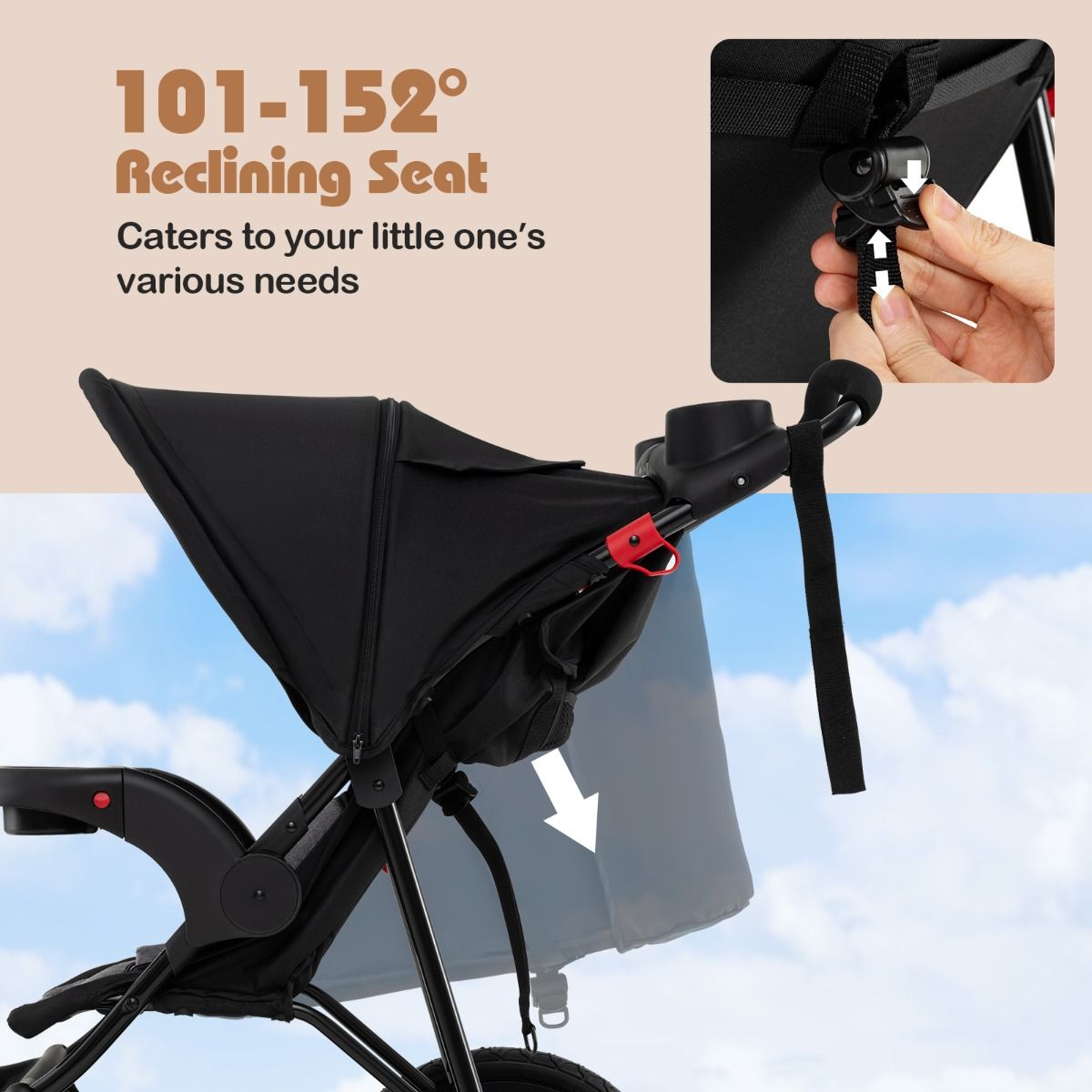 Poussette de jogging Coast - Poussette pliable - Capote réglable - Siège inclinable - Noir