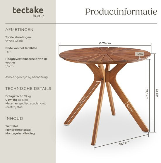 Table de jardin ronde en bois tectake® - Ø 70 x 62 cm - Bois d'acacia - Résistante aux intempéries - Table d'extérieur - Table de bistrot - Table d'appoint - Petite table pour balcon et terrasse - Également utilisable à l'intérieur