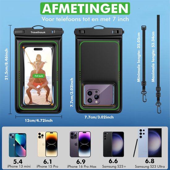 Étuis étanches pour téléphone Travelhawk - Lot de 2 Drybag - Étui sous-marin - Pochette étanche pour téléphone - Compatible avec tous les smartphones - Convient également pour les passeports et les cartes bancaires - Transparent - Eau - Vacances - Baignad
