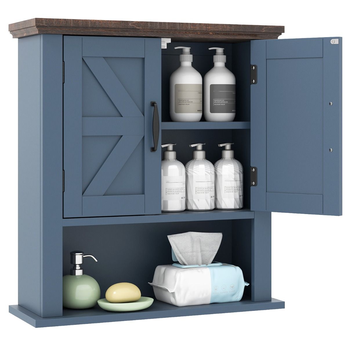 Armoire murale Coast en bois - étagères réglables - portes et compartiment de rangement ouvert - bleu marine 55 x 19 x 60 cm