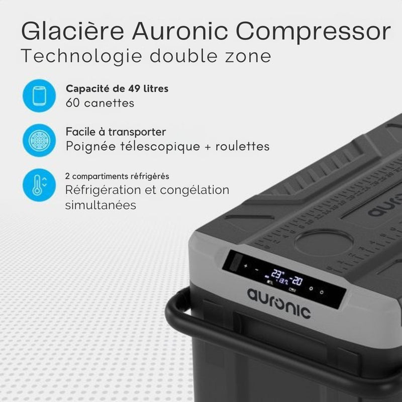 Glacière à Compresseur Électrique - Auronic -12V et 230 volts - Voiture - Congeler et Refroidir - 49L - Gris