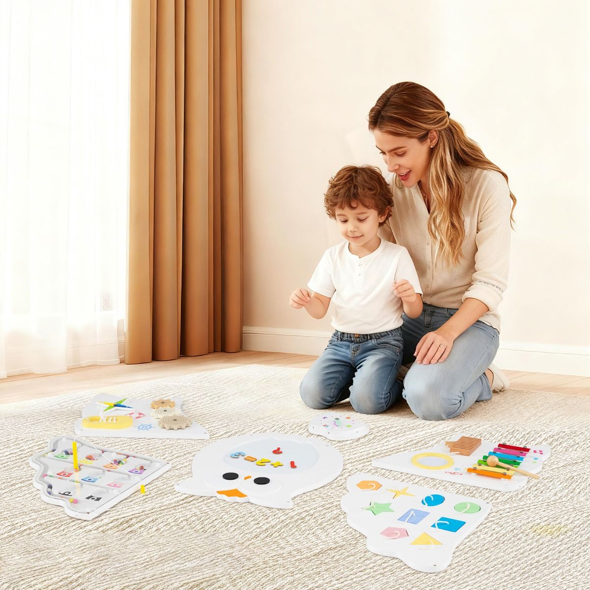 Panneau d'activités mural Coast « Chouette » - Panneau d'activités éducatif 11-en-1 - Jouet Montessori - blanc
