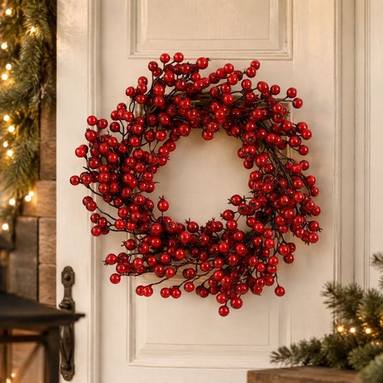 Mica Decorations : couronne de Noël aux baies rouges - Décoration de Noël - Couronne de porte d'intérieur - Décoration festive de Noël en mousse - Diamètre 40 x hauteur 10 cm - Rouge