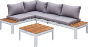 Ensemble de salon AXI Eos avec chaise longue, blanc aspect bois PSPC – Ensemble d'angle avec table – Structure en aluminium thermolaqué – Chaise longue intégrée – Plateau de table en PSPC