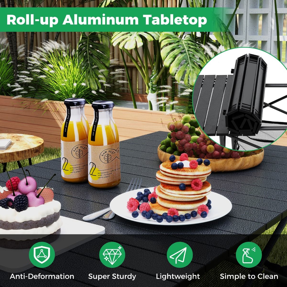 Table de camping pliable Coast - Plateau en aluminium enroulable - Avec panier en filet - Noir 119 x 56 cm