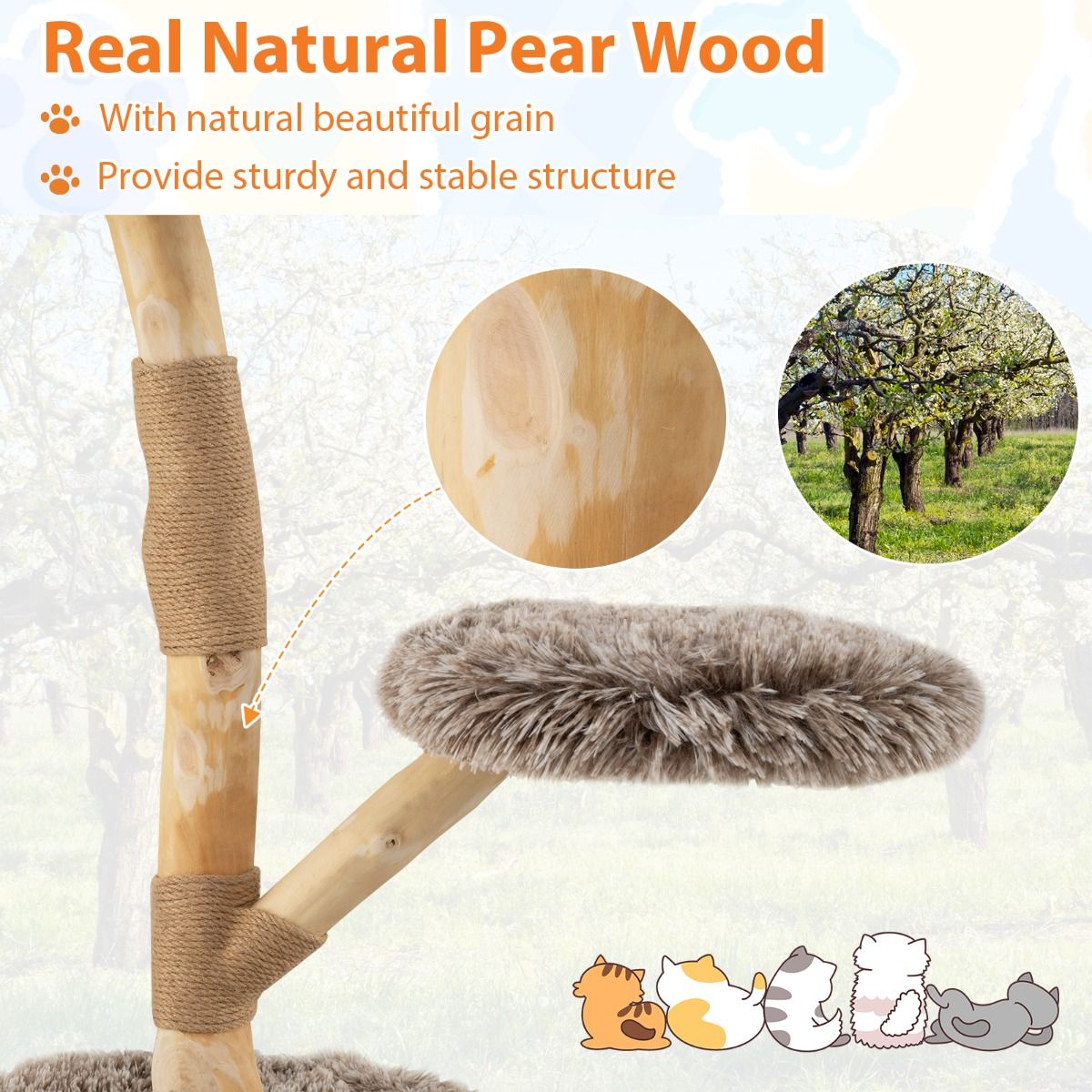 Arbre à chat Coast - 3 étages - bois de poirier et jute - gris clair et beige - 90 cm