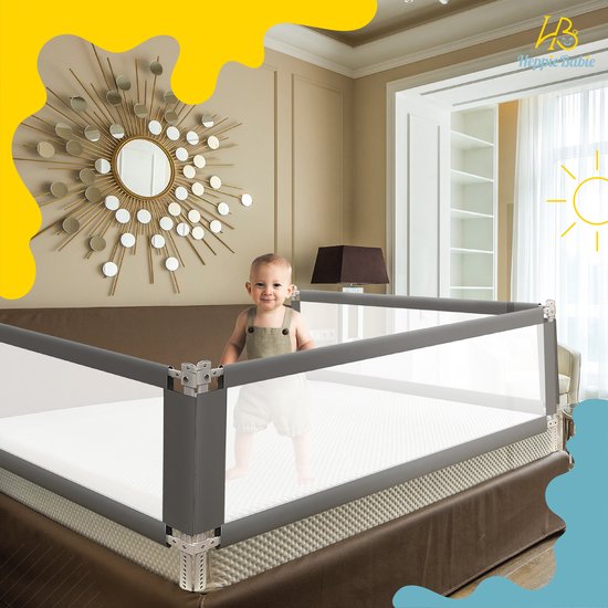 Barrière de lit - HeppieBabie  - universelle - extra longue 150 CM - réglable - grise avec filet de sécurité