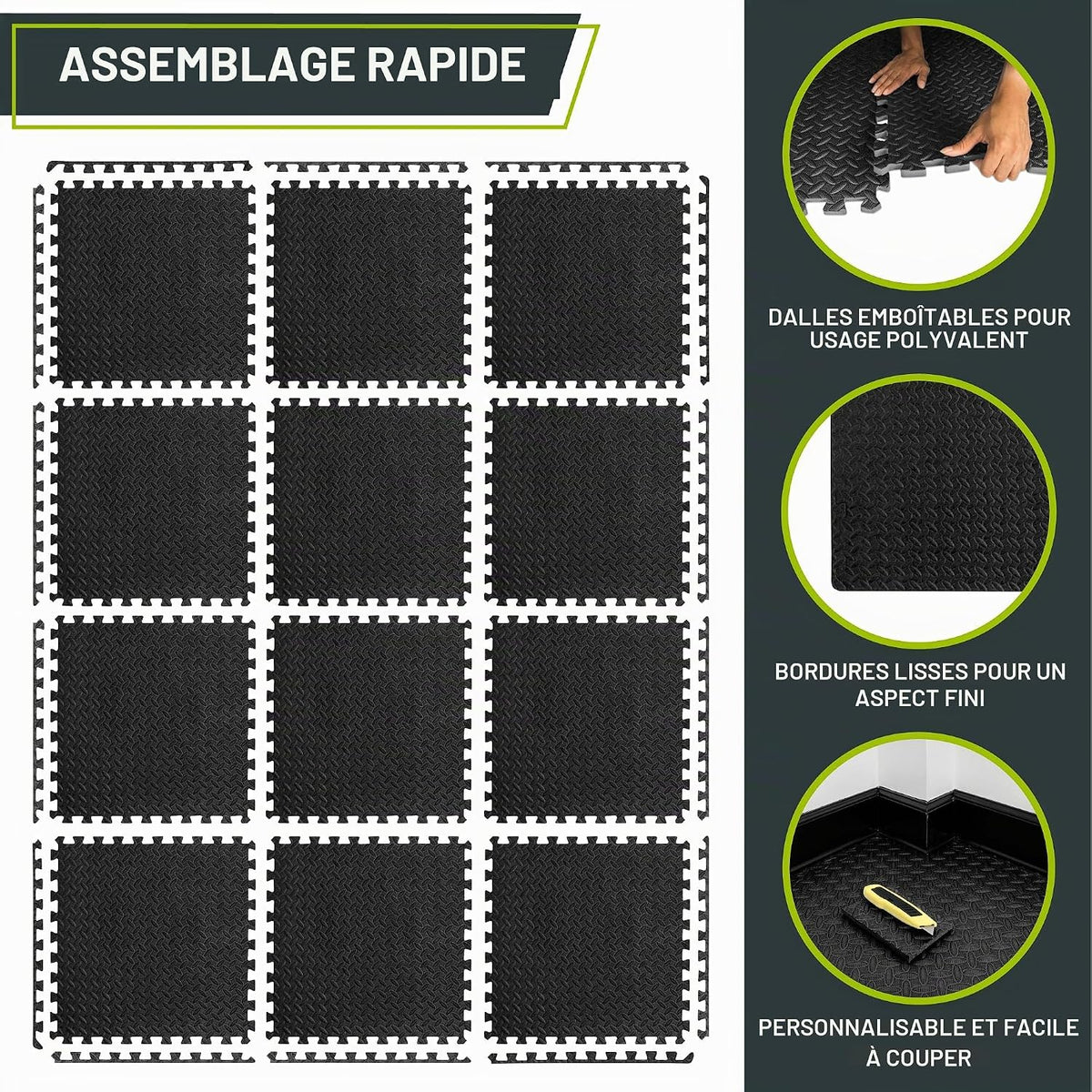 Tapis de fitness modulable ProsourceFit - Mousse EVA - 12 dalles - 4,5 m² - 61 x 61 x 1,27 cm - Noir