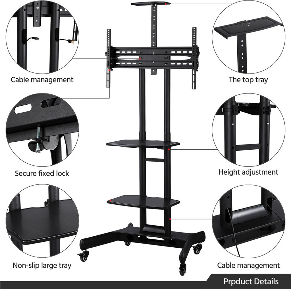 Yaheetech : support TV sur roulettes 32-75 pouces - Réglable - 3 étagères - Noir - 82 x 57,5 x 196,5 cm