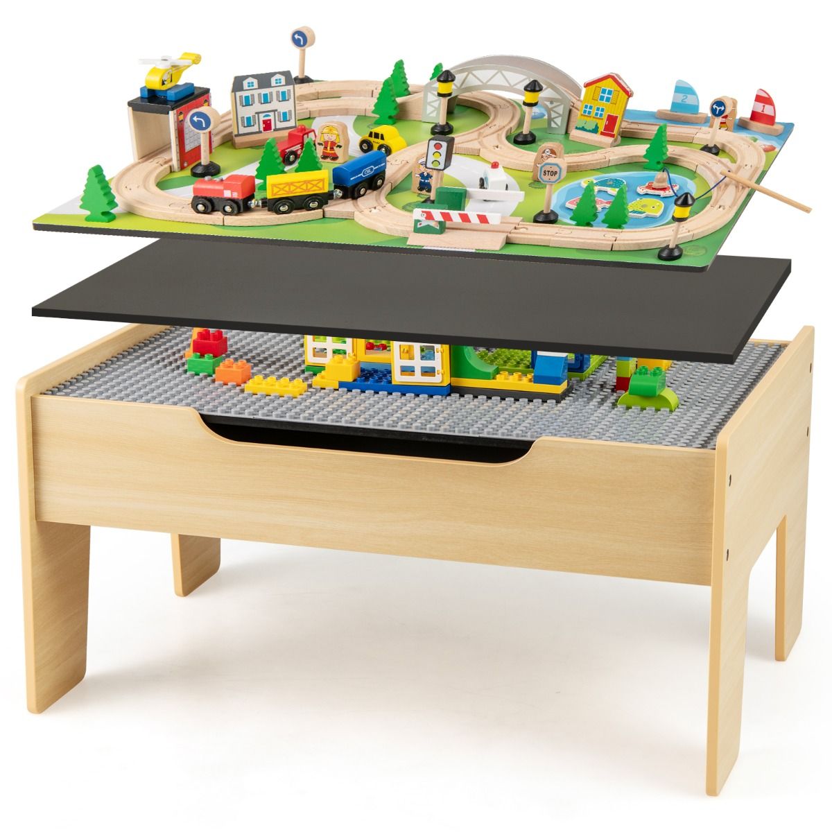 Table de train en bois Coast pour enfants - Table d'activités 5 en 1 - 78 pièces - Couleur naturelle