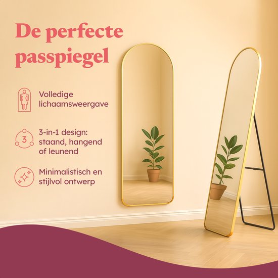 Miroir Fraay 160 x 55 cm - À poser ou à accrocher - Verre trempé - Miroir mural minimaliste - Miroir sur pied - Doré