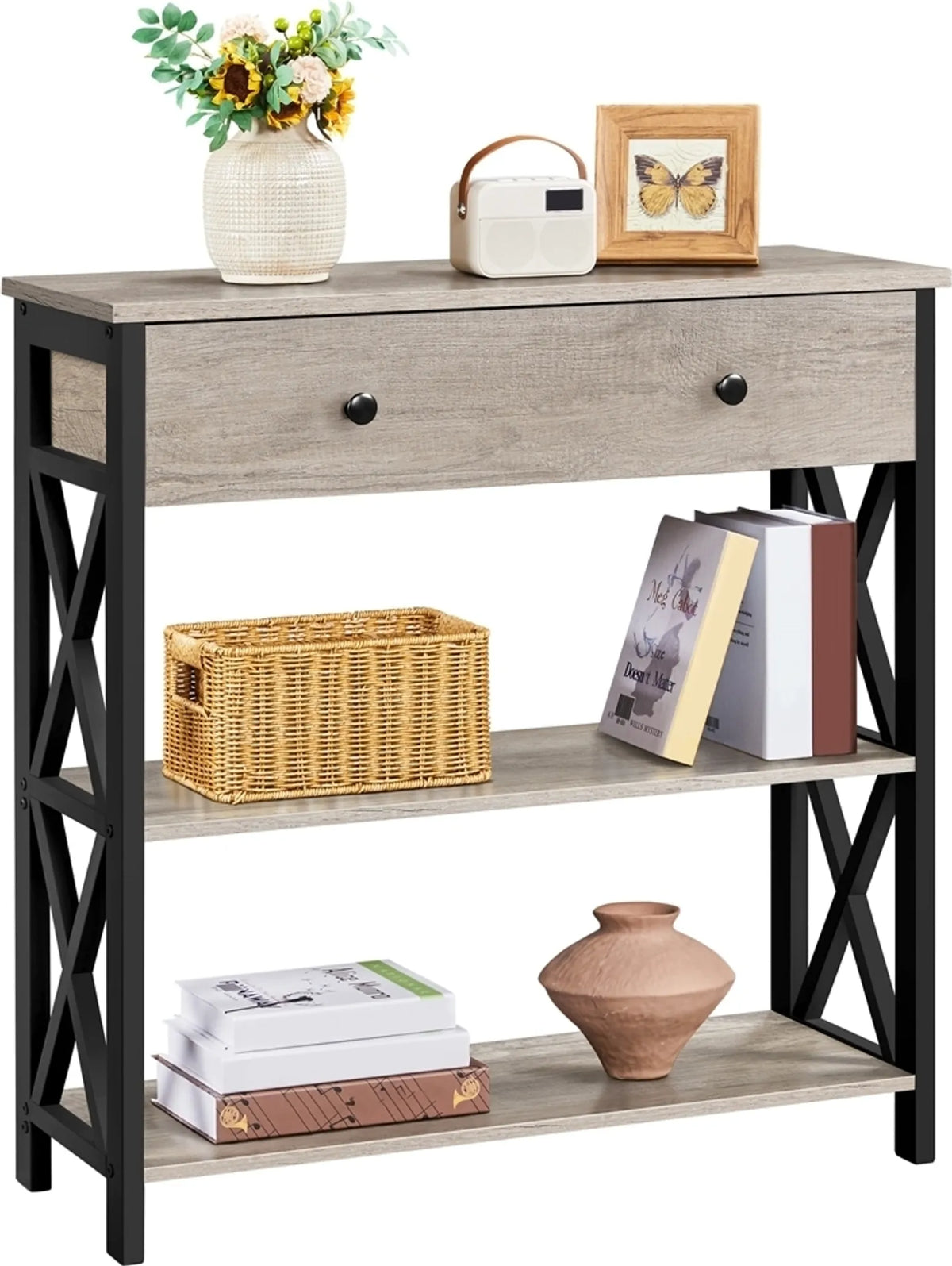 Table murale Yaheetech 80 x 29,5 cm avec tiroir coulissant et 2 étagères – Gris – MDF et métal