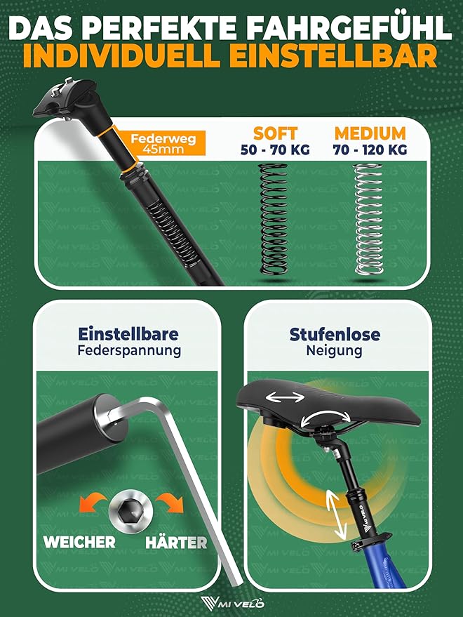 Tige de selle suspendue MIVELO – Réglable – Poids max. 120 kg – Ø 30,9 mm – Noir