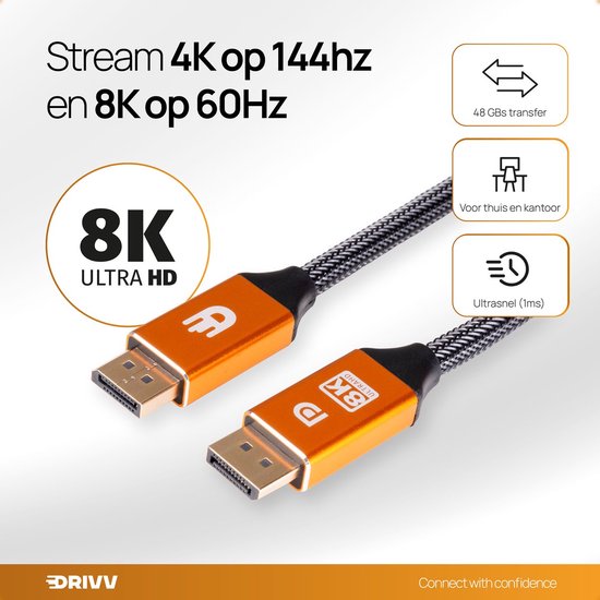 Drivv. Câble Displayport - 8K 60Hz - 4K 144 Hz - 32.4GBps - Displayport 1.4 - Câble DP - 1 mètre