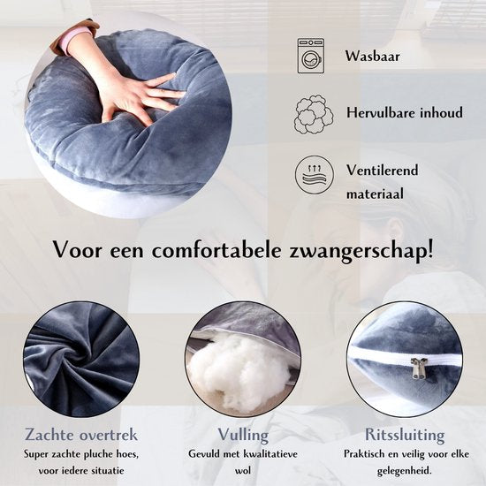 Oreiller de grossesse - XXL en forme de U - Oreiller de corps - Oreiller pour dormir sur le côté - Housse en peluche - Oreiller d'allaitement - 280 cm - Fermeture à glissière - Rheme