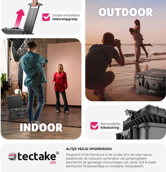 tectake® - Valise de transport à roulettes avec poignée télescopique - Valise photo - Valise pour appareil photo 45 x 26 x 58 cm - 2 boutons pression - Possibilité de verrouillage par cadenas