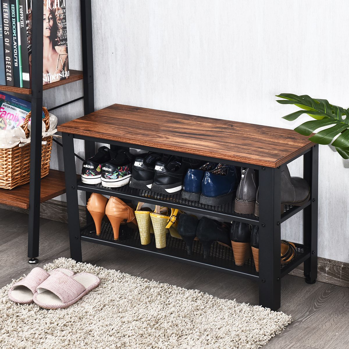 Coast Banc à chaussures avec étagère à chaussures - 2 niveaux de rangement - assise - noir - 73 x 30 x 45 cm