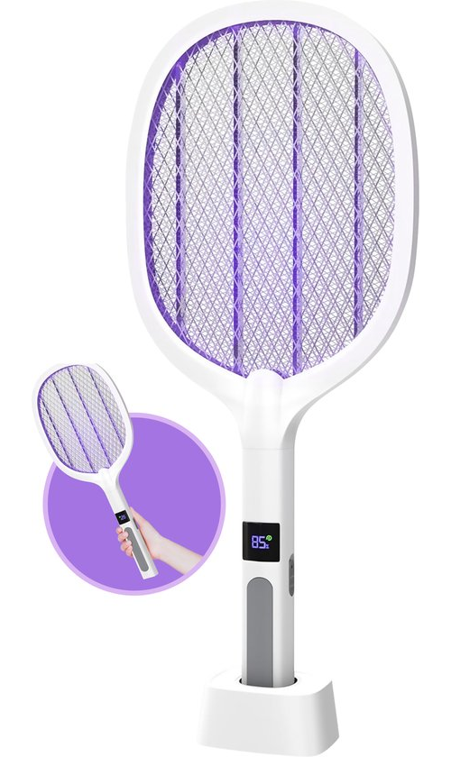 TTD® Premium Electric Fly Swatter and Mosquito Lamp Rechargeable with XXL 2 Meter Charging Cable and LCD Screen - 2 Stages Fly Swatter and Mosquito Lamp - 2500 Volts - Rechargeable via USB and Power Socket - With Safety Net - UV Light - Fly Catcher