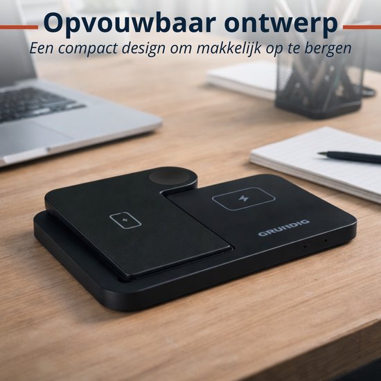Chargeur sans fil 3-en-1 Grundig – Station de recharge rapide pour smartphone, montre connectée et écouteurs – Chargeur sans fil pour iPhone et Samsung – Chargeur sans fil – Design pliable