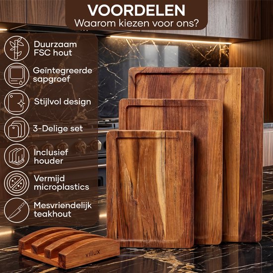 Planche à découper Villux - Lot de planches à découper avec support - Planche à découper en bois - Planches à découper - Planche à découper en teck - Planche à découper en bois - Lot de planches à découper - Planche à tapas - Planche à apéritif - Planche