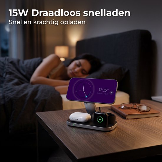 Chargeur sans fil Nuvance - 3 en 1 - 15 W - Station de recharge - Chargeur rapide - Chargeur sans fil - Compatible avec l'Apple Watch et les écouteurs Apple