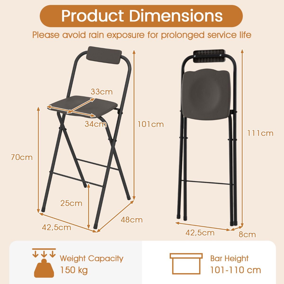 Ensemble de 2 tabourets de bar Coast - Pliables - Avec dossier - Gris et noir