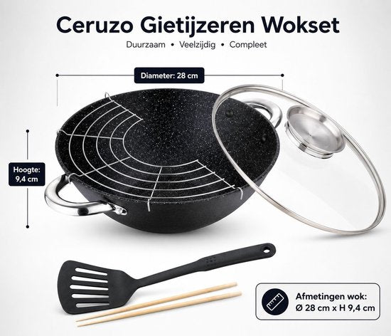 Wok en fonte 28 cm – Sans PFAS – Bouton aromatique – Couvercle – Induction – Wok Wasabi