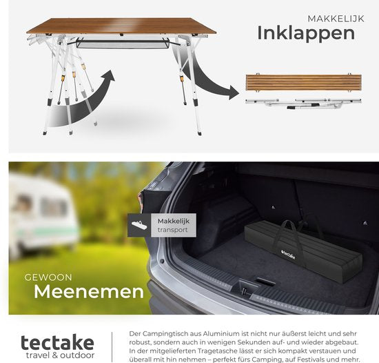 Table de camping tectake® - 120 x 70,5 x 58 - 79 cm - Table pliante en aluminium - Plateau XXL enroulable - Table pliante - Table de voyage - Table de jardin - Résistante aux intempéries - Réglable en hauteur - Sac de transport - Pliable - Aspect bois