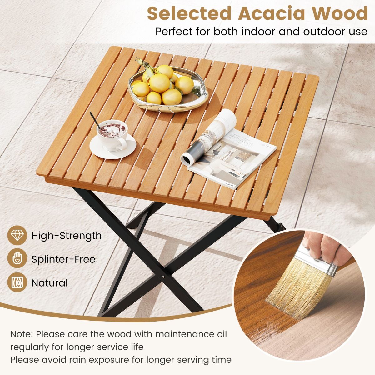 Table d'appoint pliable Coast - Structure en X - Bois d'acacia - Naturel et noir - 70 x 70 x 73 cm