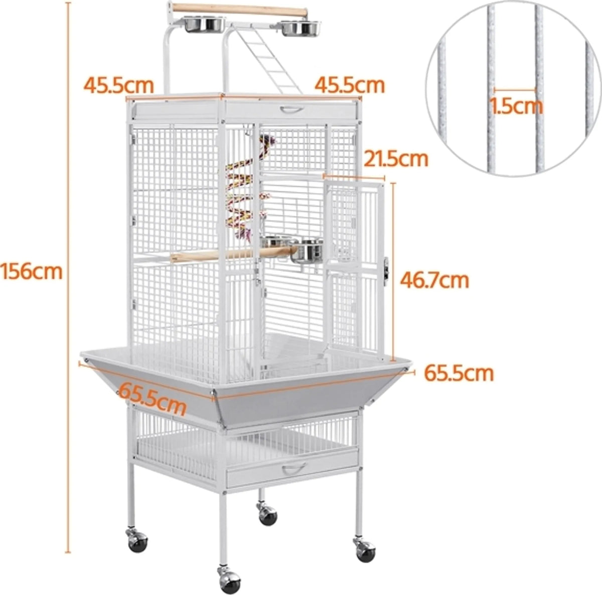 Yaheetech Cage pour perroquets avec plateau de jeu - équipée d'un collecteur de graines, de tiroirs à fumier extensibles et de portes d'alimentation - pour perruches et perroquets - fer blanc recouvert de poudre - 65,5 x 65,5 x 156 cm