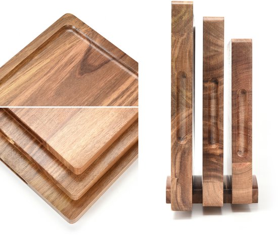 Deleca 3x Set de planches à découper Culina - Epaisseur 3 cm - Planches à découper (33x25 / 38x28 / 43x30 cm) - Avec support - Pour la cuisine, planche à servir, planche à fromage, planche à boire, planche à découper et planche à tapas - Bois d'acacia