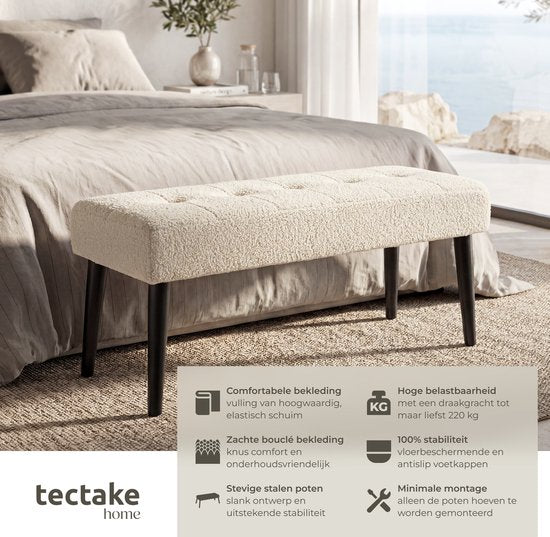 Banc rembourré tectake® - 95 x 38 x 45 cm - Motif de surpiqûres - Capacité de charge : 220 kg - Banc d'assise - Banc d'entrée - Banc pour salon, chambre à coucher, couloir - Bouclé crème