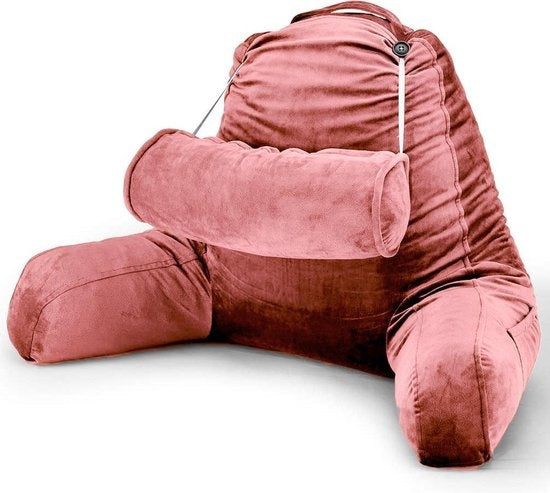 Coussin de lecture avec rouleau pour la nuque - Ella® - Coussin de relaxation - Coussin de siège - Soutien du bas du dos - Coussin de lecture paresseux - Velours rose corail