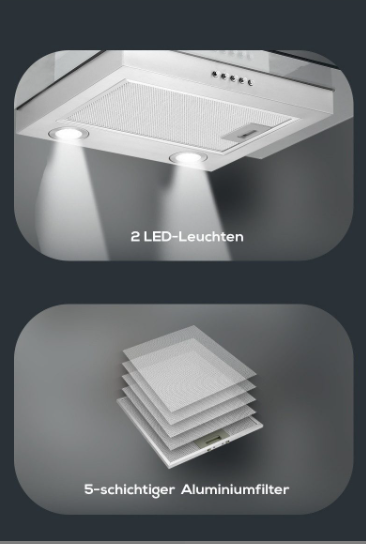 Hotte Hanseatic SY-3288B3-P1-C120-L52-600 - Gris - 60 x 40 x 82 cm - Acier inoxydable, LED, 3 vitesses