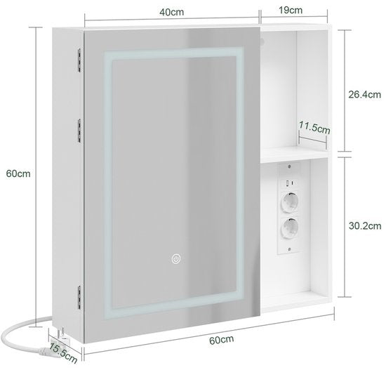 Armoire de salle de bains avec miroir SoBuy et éclairage LED – 2 prises électriques et port USB – 60 x 15,5 x 60 cm – Blanc