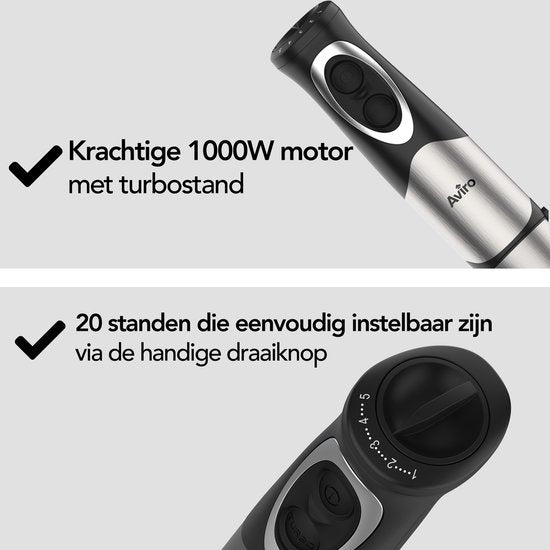 Aviro 6-in-1 Hand Blender Set - 1000W - 20 Speeds - Chopper, Milk Frother, Whisk & Measuring Cup - stainless steel