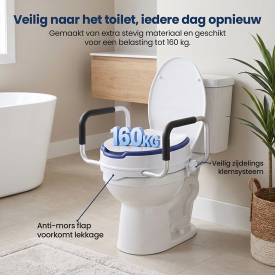 Rehausseur de WC Truesafe 10 cm - Taille universelle - Avec accoudoir et couvercle - Siège de WC surélevé - Coussin d'assise ergonomique - Rehausseur pour adultes et seniors