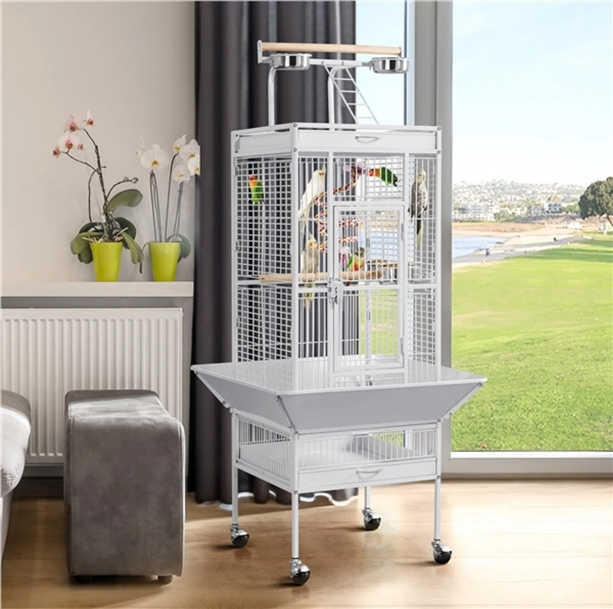 Yaheetech Cage pour perroquets avec plateau de jeu - équipée d'un collecteur de graines, de tiroirs à fumier extensibles et de portes d'alimentation - pour perruches et perroquets - fer blanc recouvert de poudre - 65,5 x 65,5 x 156 cm