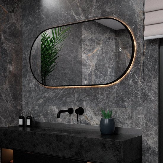 Mirlux Miroir de salle de bain avec éclairage LED et chauffage - Miroir mural ovale - Cadre noir - 120x60CM