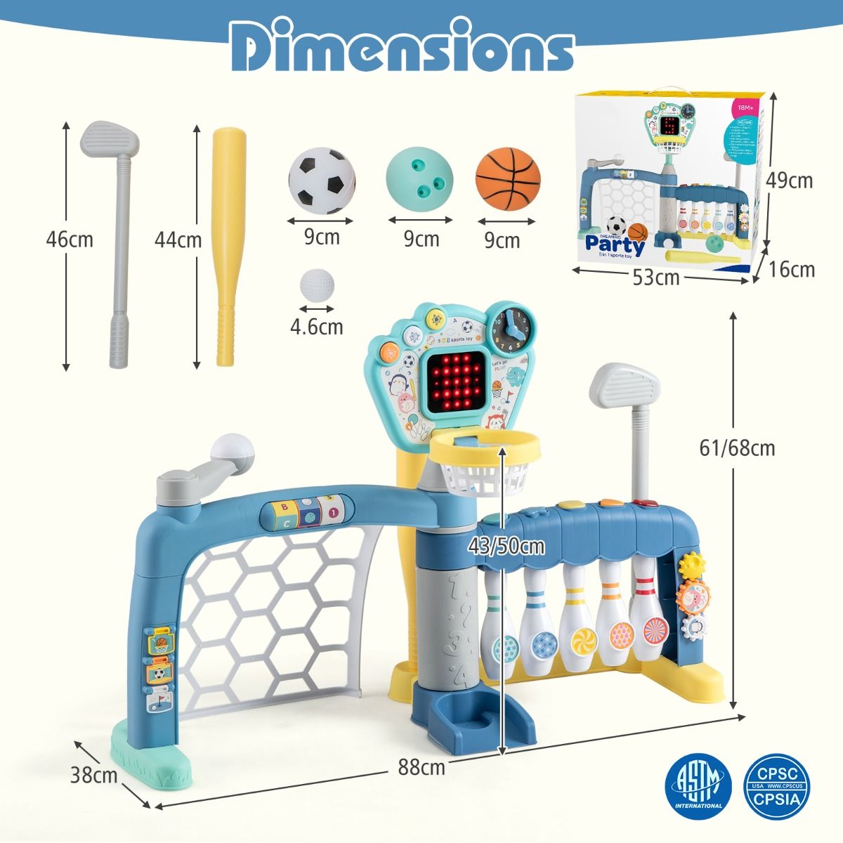 Jouet sportif 5-en-1 Coast pour tout-petits - panier de basket, cage de foot, golf, bowling, baseball - multicolore