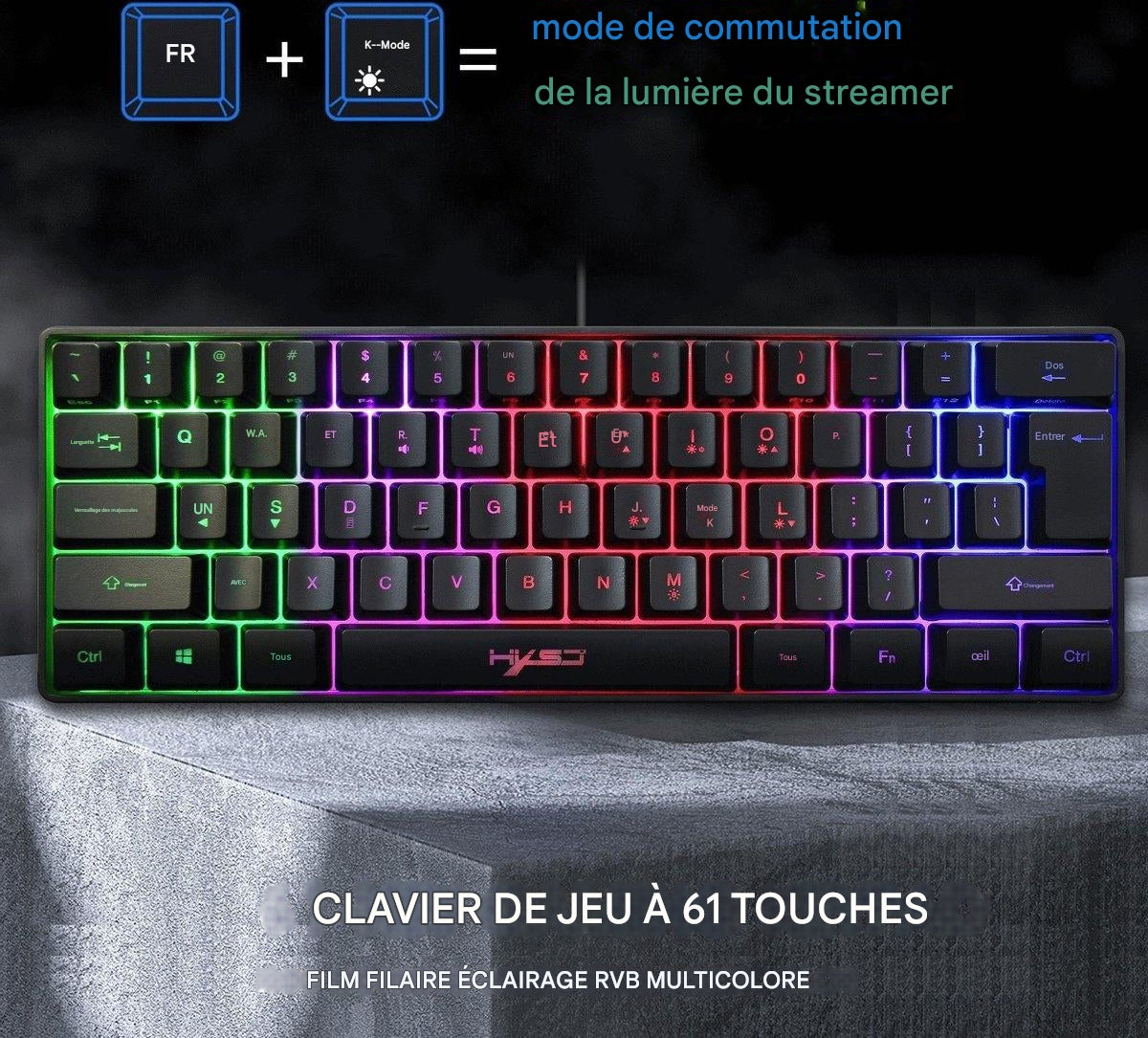 Clavier RGB HXSJ Gaming V700, 61 touches avec agencement Qwerty, LED, Noir