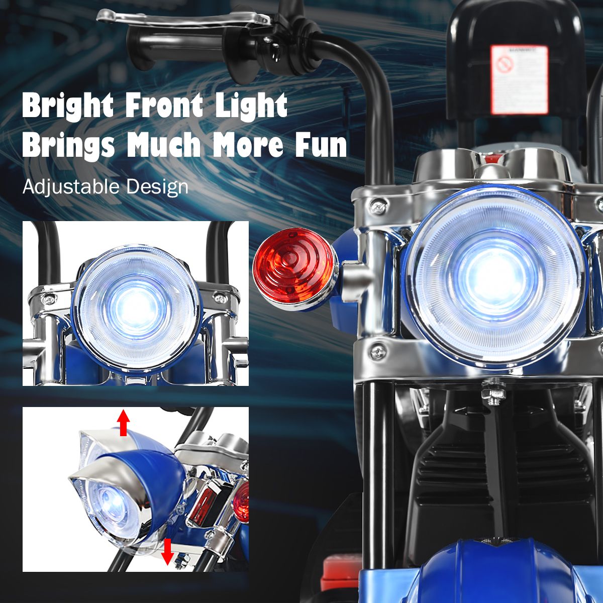 Moto électrique pour enfants Coast - Style chopper - Phare réglable - Fonction musicale - Bleu et noir - 91 x 48 x 64 cm
