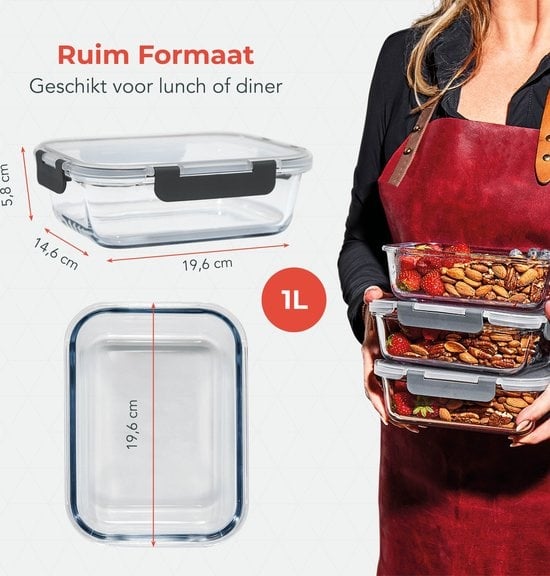 KitchenBrothers Meal Prep Trays - Set de plateaux fraîcheur - hermétique - sans BPA - 1L - verre - 10 pièces