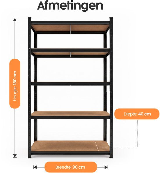 Étagère Infinity Goods noire - Lot de 2 - 180 x 90 x 40 cm - Étagère de rangement en métal - Armoire de rangement - Rayonnage d'entrepôt à 5 tablettes - Charge max. de 175 kg par tablette, 875 kg au total