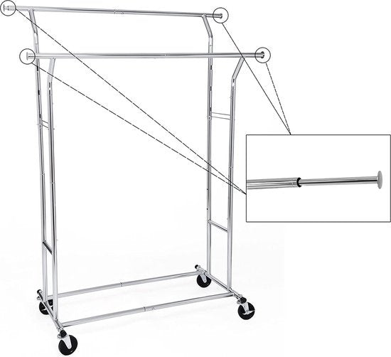 O'DADDY® Clothes Rack - Support de penderie - Double tige - Extensible et ajustable - Design stable - Capacité de charge de 110 kg - Métal - Argent