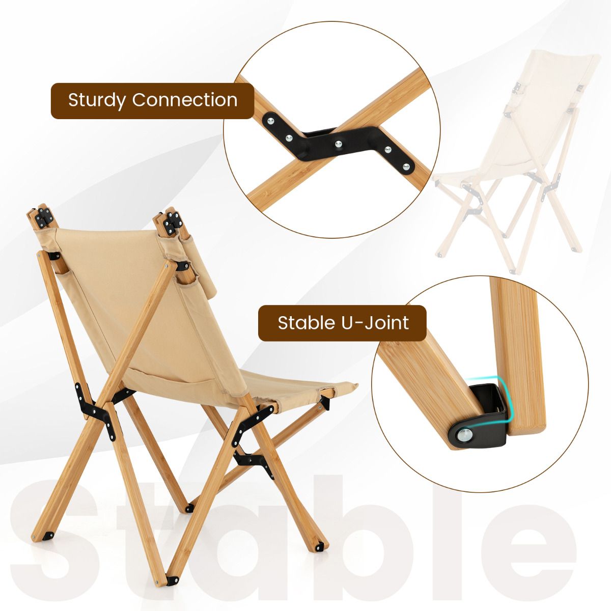 Chaise de camping pliable Coast - Structure en bambou - Dossier réglable - Sac de transport inclus - Couleur naturelle