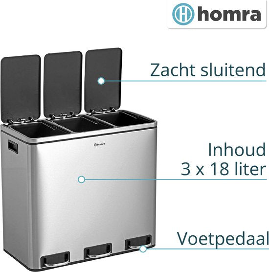 Homra Sparq Pedaalemmer 54 Liter - RVS Prullenbak 3 vakken - Trio Prullenbak 3 X 18 Liter - Prullenbak Afvalscheiding- Vuilnisbak voor huishouden en kantoor - Recycle Vuilbak keuken Afvalemmer - Afvalscheidingsprullenbakken