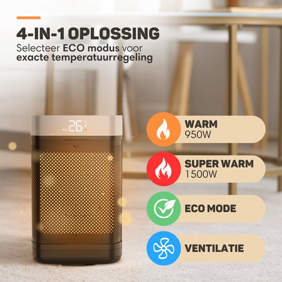 Vulpes Goods® Tech - Réchaud électrique avec télécommande - Réchaud à ventilateur - Réchaud en céramique - 4 niveaux - 1500W - Rotary, Timer & Thermostat - Chauffage - Chauffage électrique pour l'intérieur - Noir