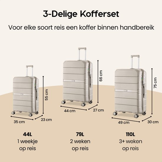 SKYCASES Urban Adventurer - Ensemble de valises - 3 pièces - Serrure à chiffres - 232L - Roues pivotantes - Valise de voyage avec serrure de valise - Légère - Beige